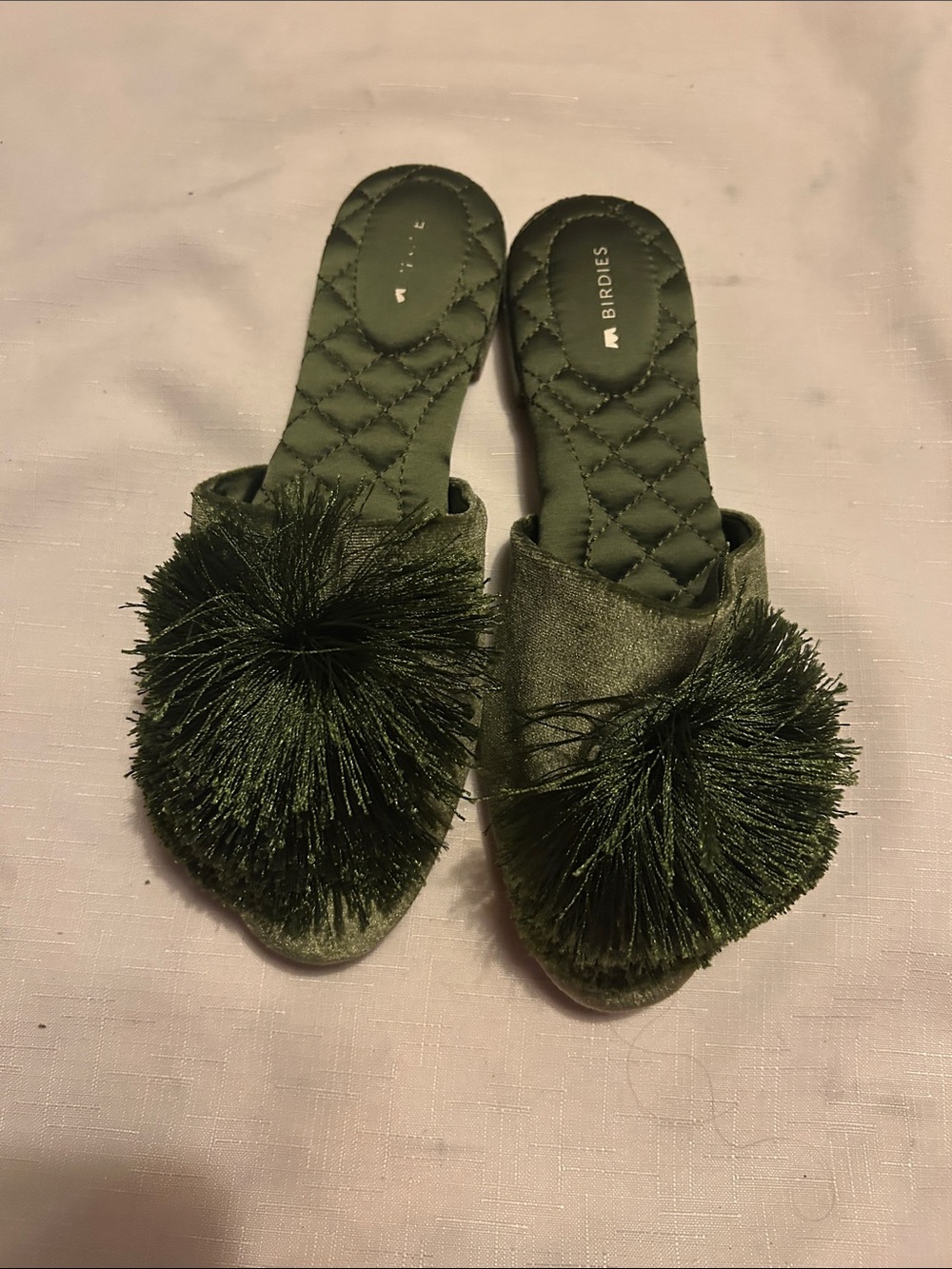 Birdies Olive Velvet Pom-Pom Slide Mules